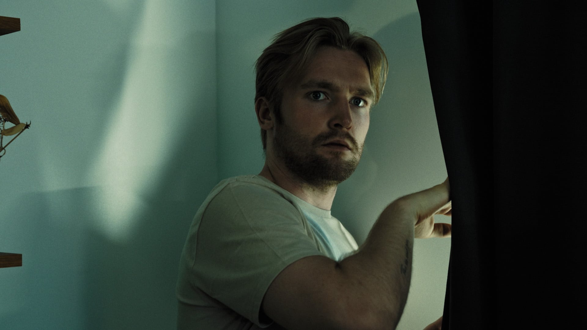 Adam står vid sitt fönster och tittar mot sin ytterdörr